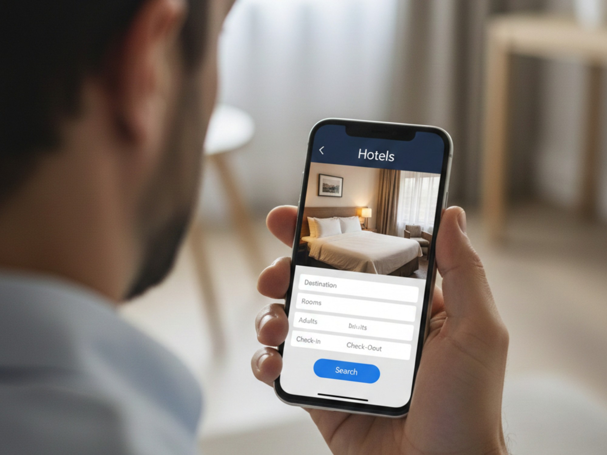 Person holding mobile phone with a room and booking icon on the screen